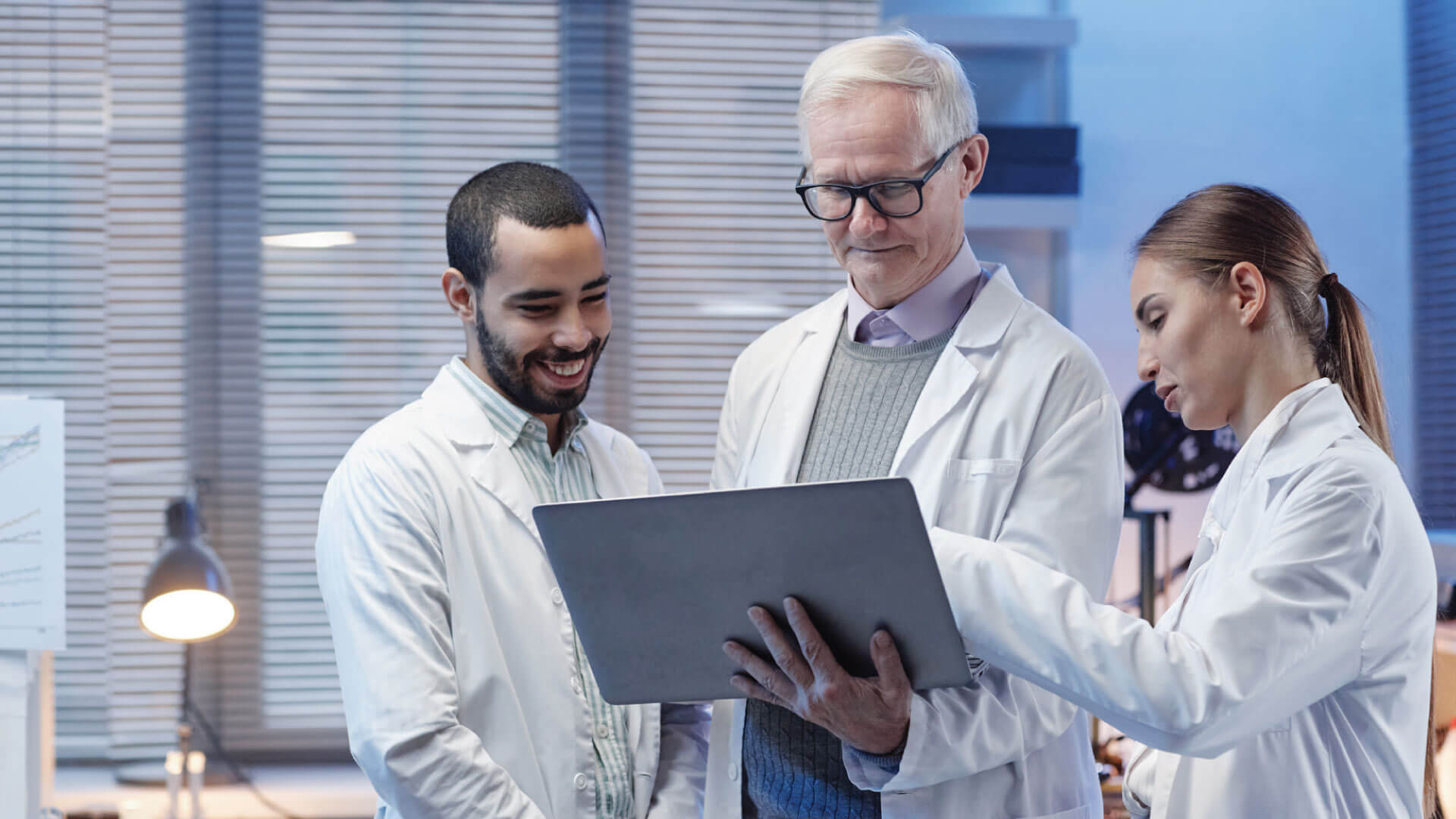 Researchers reviewing data on laptop